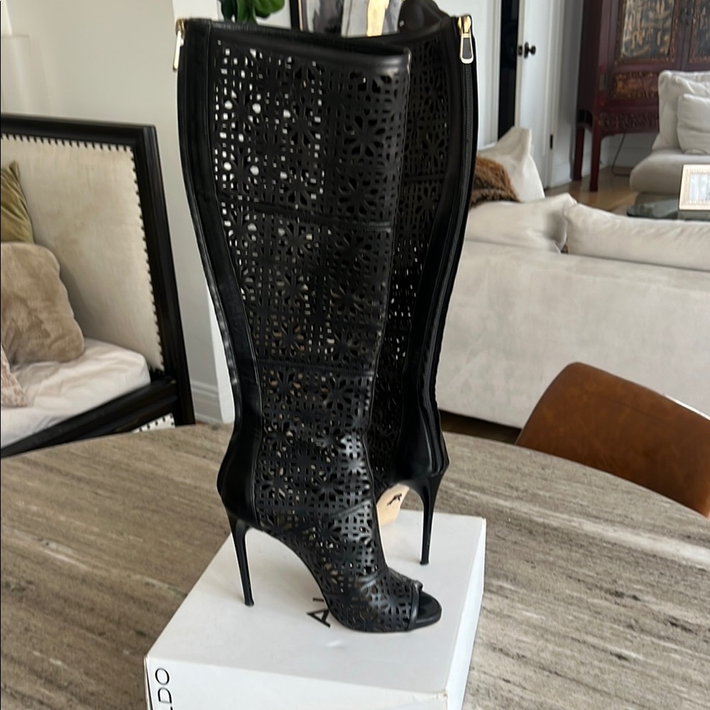 Paul Andrew LASER Cut Black Open Toe Knee-High Boots
